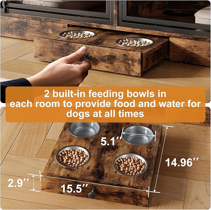 GarveeHome Dog Crate Furniture for 2 Dogs, Dog Kennel Indoor with 4 Storage Drawers and Feeding Bowls, Double Dog Crate TV Stand for Small Medium Dogs, Brown