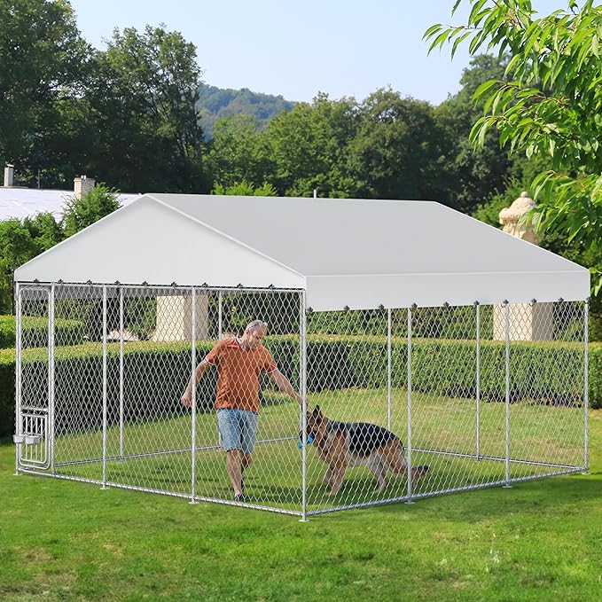YITAHOME 14.8'x14.8' Large Outdoor Dog Kennel with Rotating Feeder Bowls, Outdoor Dog Enclosure with Roof, Heavy Duty Dog Cage for Large Dogs