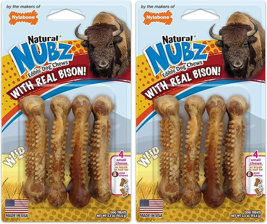 Nylabone Nubz Wild Natural Edible Chew Treats for Dogs, Made in USA, Bison Flavor, Small - Up to 25 lbs. (4 Count) (Pack of 2)