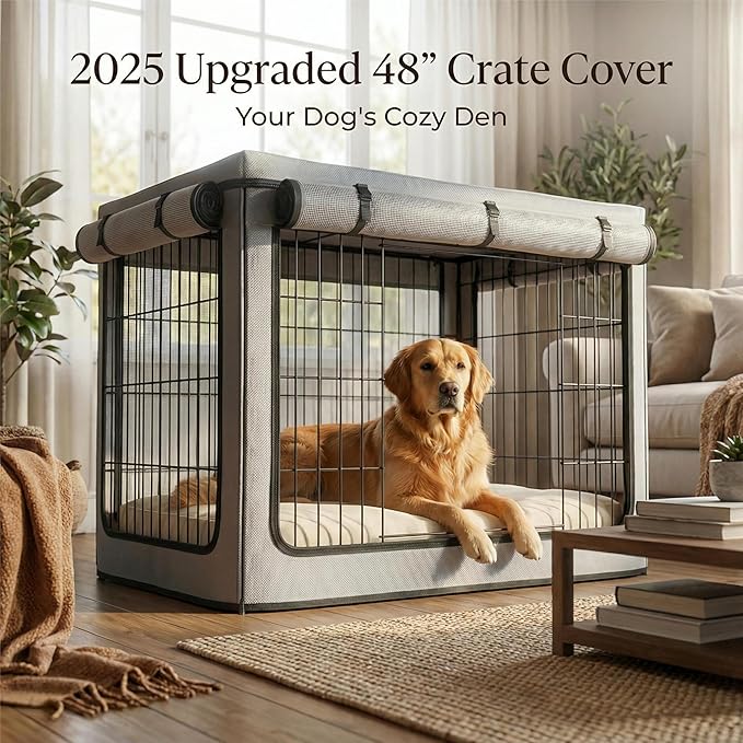 Dog Crate Cover, Heavy Duty 1680D Waterproof Oxford Cloth with Breathable Mesh & Detachable Sunshade, Universal Fit for Wire Crates, All-Weather Indoor Outdoor Use (48-Inch)
