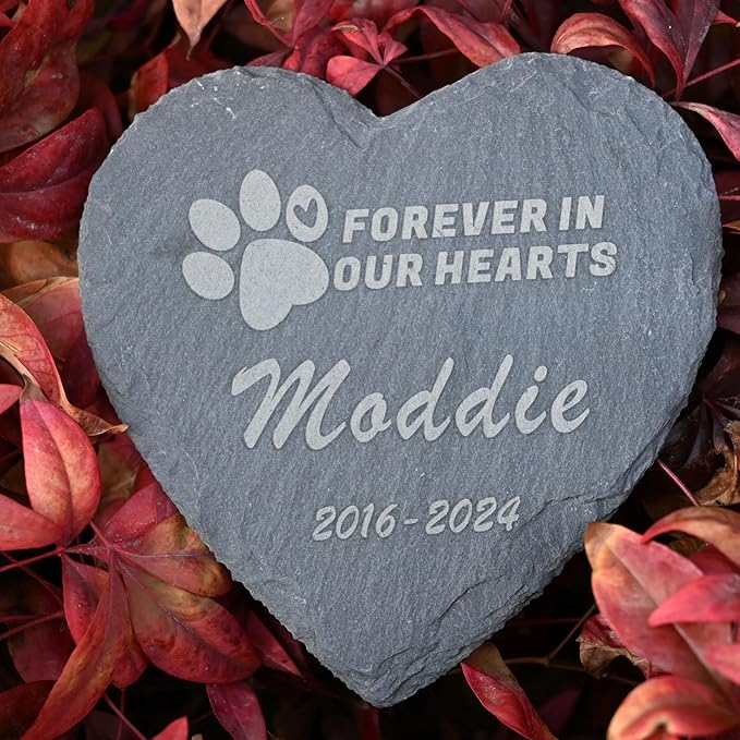 Pet Memorial Stone, 6inch Dog or Cat Garden Stone Heart Paw Print, Forever in Our Hearts Headstone Memory Gifts for Pet Loss