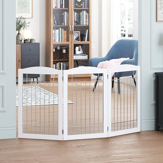 Spirich Freestanding Wire Pet Gate for Dogs, Tall Dog Gate for The Houes, Doorway, Stairs, Pet Puppy Safety Gate with Sliver Wire 60 Inches Extra Wide, 30 Inches Tall, 3 Panels, White