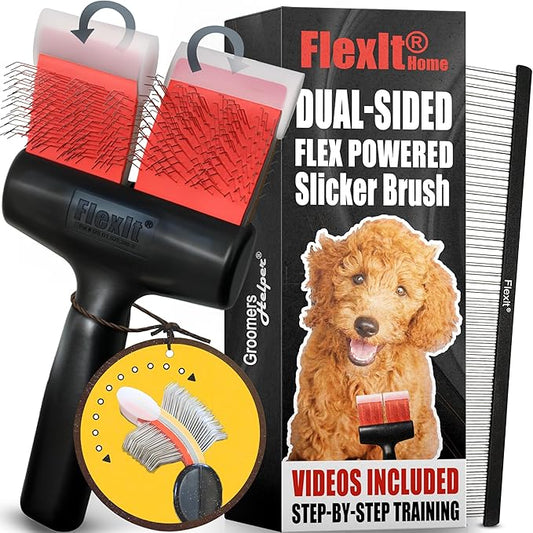 FlexIt Home - Flexible Slicker Brush for Dogs - Dog Grooming Brush for Poodles, Golden Doodles, Huskies, Retrievers, and Labradoodles - Professional 3-in-1 System & Video Trainings (Double, Firm Flex)