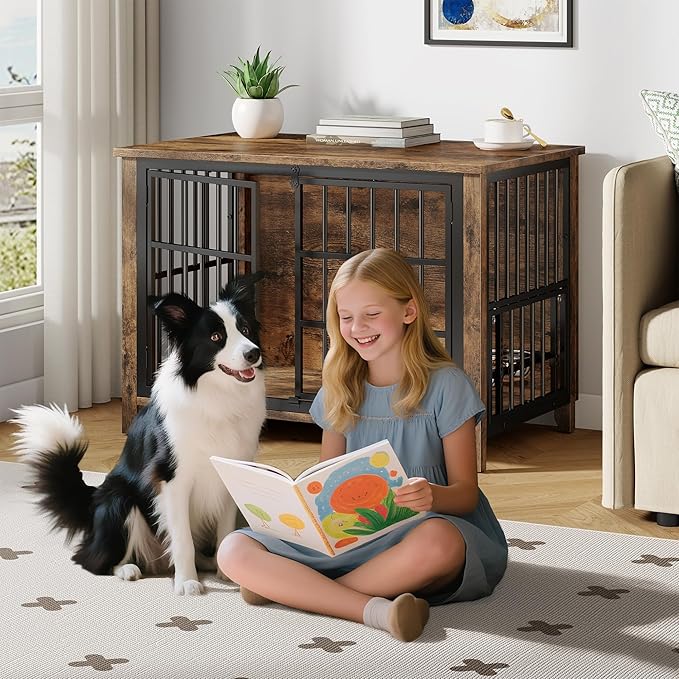 37.7" Dog Crate Furniture, Wooden Dog Kennel Indoor with 360° Rotating Feeder and 2 Adjustable Bowls, Decorative Side End Table Dog Cage for Medium Dogs, Rustic Brown