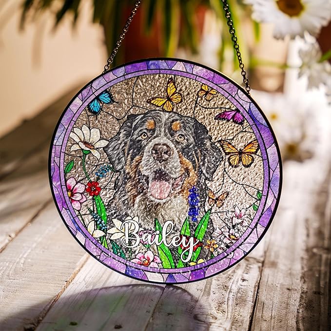 LOVELYPOD Custom Dog Stain Glass Sun Catcher, Pet Portrait Hanging Gifts, Loss of Dog Memorial, Sympathy Gift, Pet Remembrance Gifts for Dogs Mom, Pet Ornament