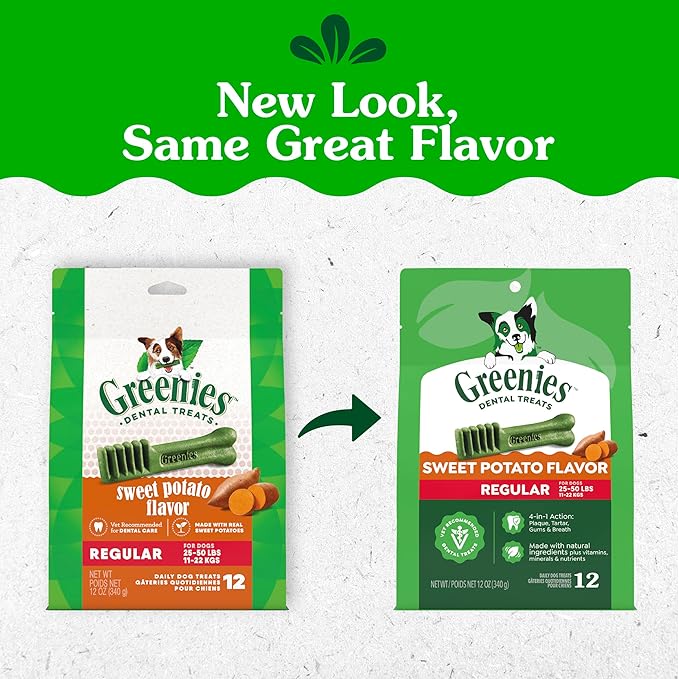Greenies Veterinarian-Recommended Natural Dental Dog Treats, Dental Chews for Dogs, Regular Size, Sweet Potato Flavor, 12 oz. Pack, 12 Count
