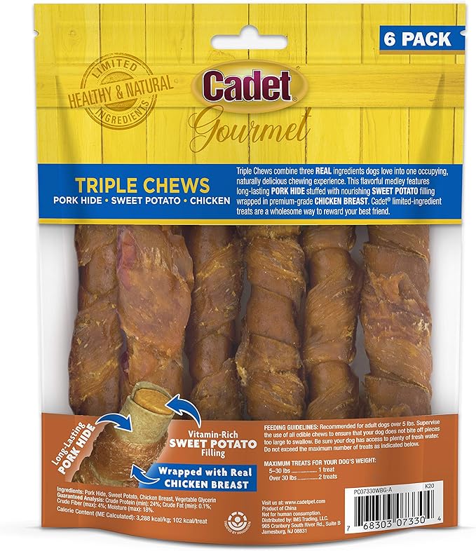 Cadet Gourmet Triple Chews Long-Lasting Pork Hide Sticks with Sweet Potato and Chicken, Healthy Dog Treats for Small & Large Dogs, 6 Count
