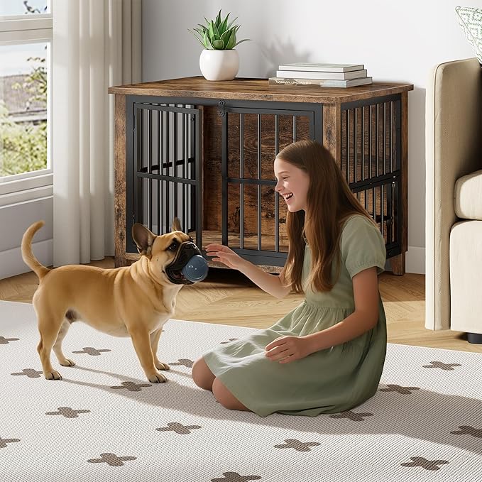 31.5" Dog Crate Furniture, Wooden Dog Kennel Indoor with 360° Rotating Feeder and 2 Adjustable Bowls, Decorative Side End Table Dog Cage for Medium and Small Dogs, Rustic Brown