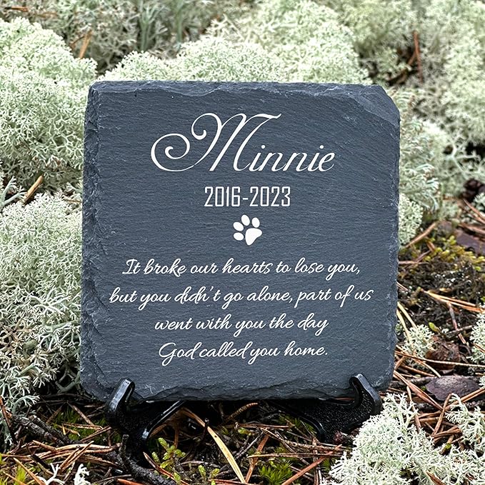 Personalized Individual Square Memorial Plaque + Stand for Pet Cat Dog Slate Stone Frame Paw Grave Marker - Size 3.94" x 3.94" or 100 x 100 mm - Name