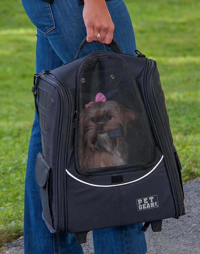 Pet Gear I-GO2 Roller Backpack, Travel Carrier, Car Seat for Cats/Dogs, Mesh Ventilation, Included Tether, Telescoping Handle, Storage Pouch