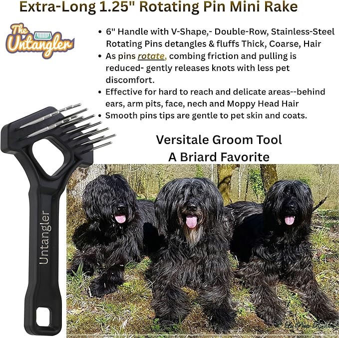 Undercoat Mini-Rakes for Effective Dematting and Grooming Dogs and Cats has V-Shape Head and Double Row, Stainless-Steel Rotating Teeth (Extra-Long Tooth Mini Rake)