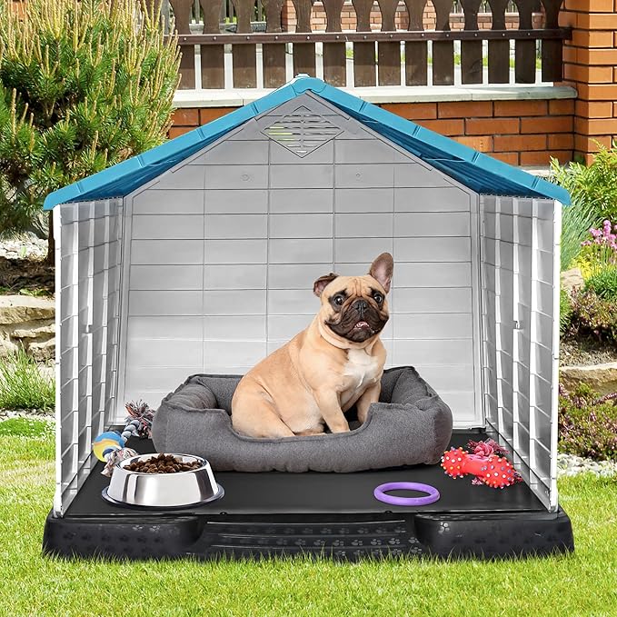 Durable Waterproof Plastic Dog House for Small to Large Dogs Indoor Doghouse Puppy Shelter with Air Vents and Elevated Floor, Outdoor Kennel for Yard, Patio, Garage, Easy to Assemble