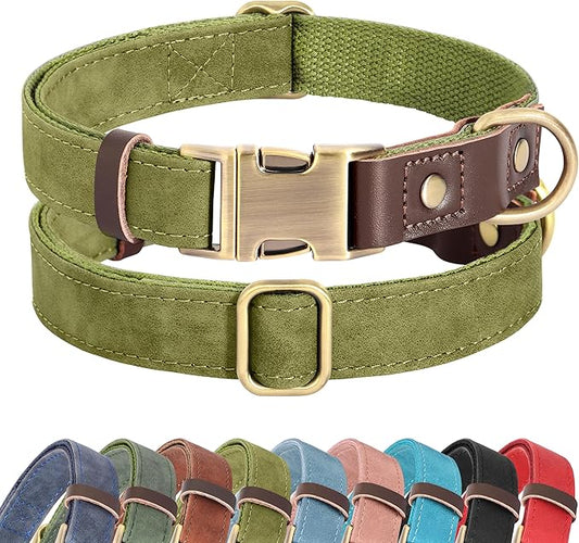 Didog Soft PU Leather Dog Collar for Large Dogs,Classic Adjustable Dog Collars with Quick Release Metal Buckle,Easy Clean and Comfortable with Nylon Lining,Olive Green,L Neck 16-23"
