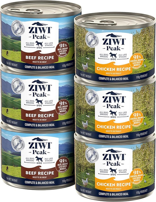 ZIWI Peak Wet Dog Food Variety Pack- Beef and Chicken, 6 Pack (6oz Each)