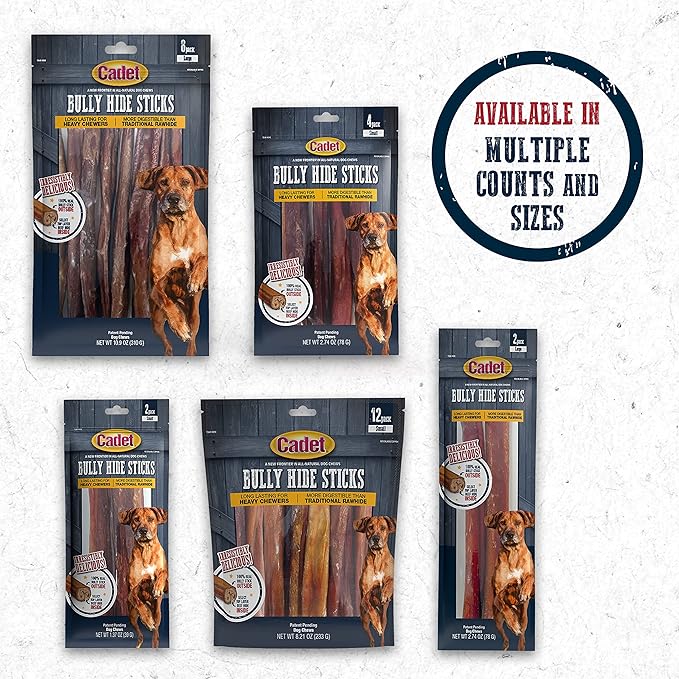 Cadet Bully Hide Sticks for Large Dogs, All-Natural Beef Pizzle, Limited-Ingredient Long-Lasting Dog Chews for Aggressive Chewers, 1 Count (Pack of 2)