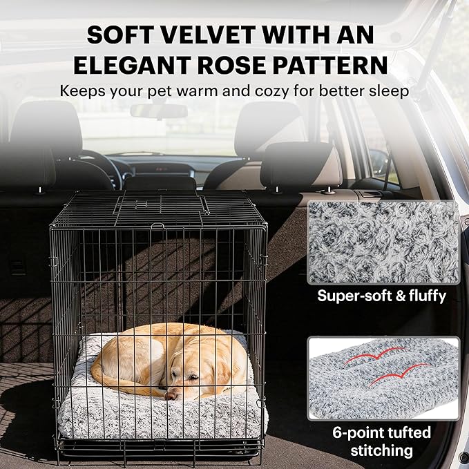 Lafyette. - US Based, Washable Faux Fur Dog Bed, Deluxe Plush Dog Crate Bed, Comfy Kennel Pad, Anti-Slip Pet Sleeping Mat, Soft Cozy Mattress for Large, Medium, Small Size Breed Dogs, 35" x 23", Grey