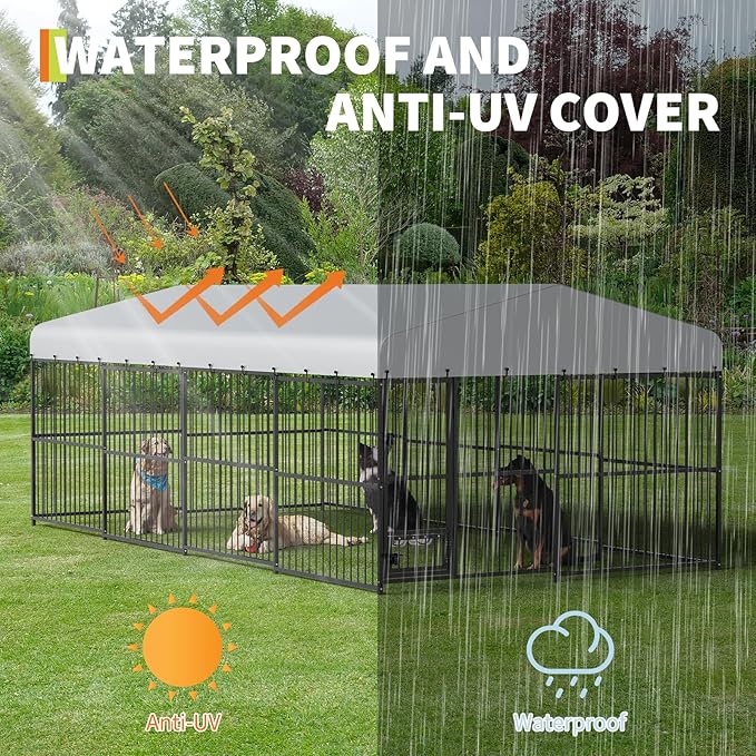 Garvee Dog Kennel Outdoor with Waterproof Canopy, Large Dog House with Feeding Doors, Large Dog Kennel Outdoor for Garden Backyard Courtyard（10×20×7FT）