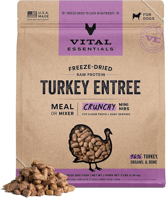 Vital Essentials Freeze Dried Dog Food, Raw Turkey Crunchy Mini Nibs | Complete Meal or Mixer | High Protein, Low Carb, Grain Free, Dry Dog Food | 3 lb Big Bag