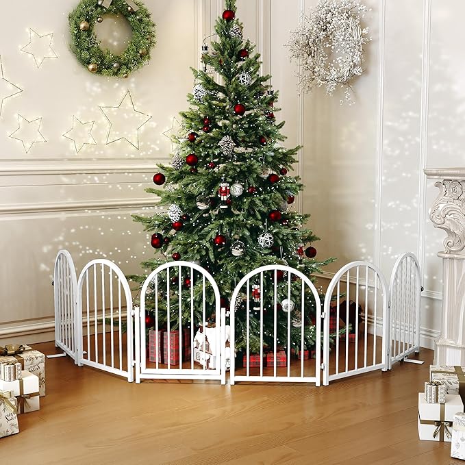 Full Metal Dog Gate with Door for Indoor Outdoor, 24" Tall Free Standing Pet Dog Fence, 108" Extra Wide Pet Gates for Stairs, Hallways, Doorways, Kitchen, Decks, Yards (White, 6 Panels)