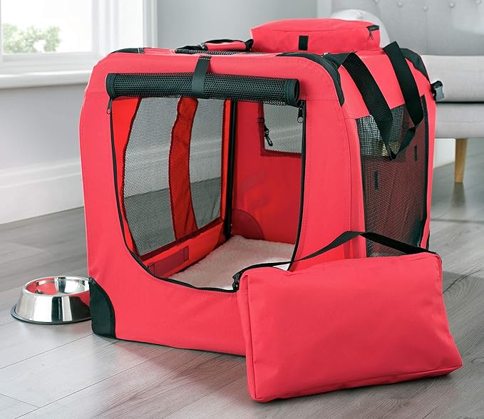 MOOL Lightweight Fabric Pet Carrier Crate with Reversible Mat and Removable Bag, Red