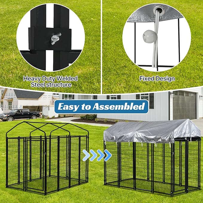 Large Dog Kennel Outdoor 8'L x 4'W x 6'H, Extra Large Welded Wire Pet Cage Playpen with UV Protection Waterproof Roof Heavy Duty Galvanized Metal Dog Run Enclosure for Outside