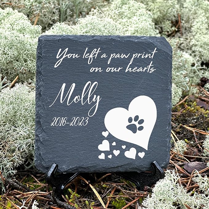 Personalized Individual Square Memorial Plaque + Stand for Pet Cat Dog Slate Stone Frame Paw Grave Marker - Size 3.94" x 3.94" or 100 x 100 mm - White Heart