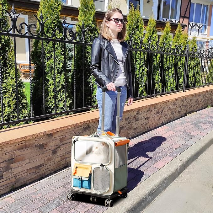 2-in-1 Wheeled Pet Carrier Backpack,Breathable Pet Carrier with Wheels,Collapsible Dog Backpack Carrier with Removable Mat,Dog Stroller Travel Carrier with Mesh Ventilation Windows