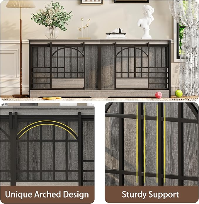 COZPAW 78 Inch Double Dog Crate Furniture, Extra Large Dog Kennel Indoor for 2 Dogs, Heavy Duty Dog Cage with Divider, Wooden Dog House Decorative Table TV Stand for XLarge Dogs (Grey)