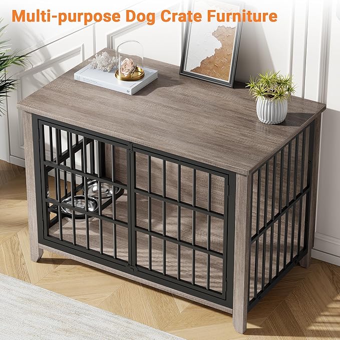 37.7" Dog Crate Furniture, Wooden Dog Kennel Indoor with 360° Rotating Feeder and 2 Adjustable Bowls, Multi-Functional Decorative Side End Table Dog Cage for Medium Dogs, Grey