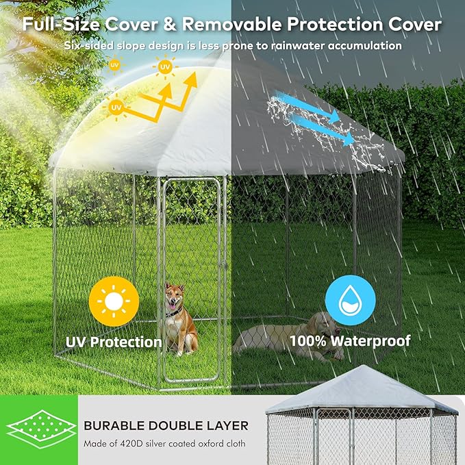 6.8'x6.8' Large Outdoor Dog Kennel for Outside with Heavy-Duty Steel Frame, Waterproof UV-Resistant Cover, Secure Lock, and Sturdy Enclosure Fence