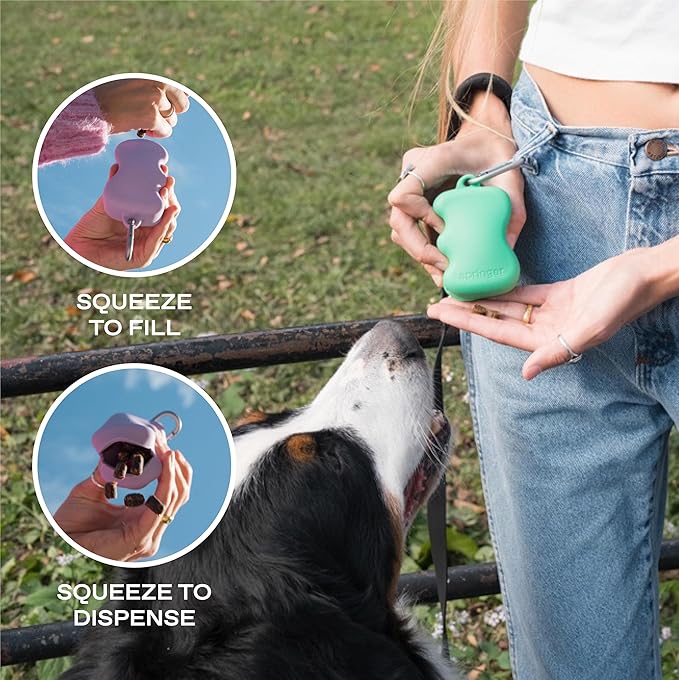 Springer Dog Treat Pouch for Effort-Free Squeeze Dispensing - Easy-Fill, Food-Grade Silicone Treat Pouches for Pet Training - Includes Carabiner-Green
