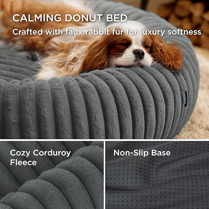 Bedsure ComfyFleece™ Donut Large Dog Bed - Washable Faux Fur with Corduroy Fleece & Anti Slip Bottom, Round Pet Bed with Removable Cover, Warm Grey, 36x36x8 inches