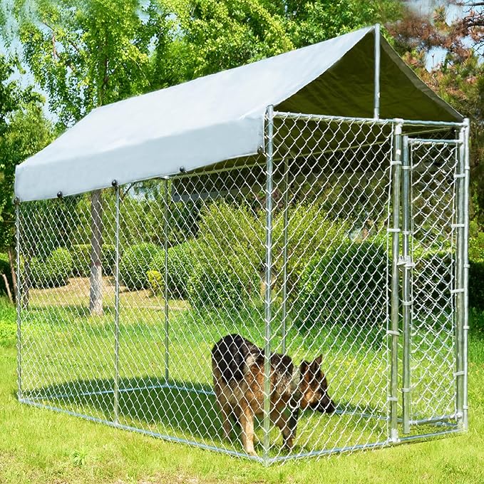 10x6x7.7ft Large Dog Kennel Outdoor, Heavy-Duty Outside Dog Kennel with Roof, Security Latch-Lock Door, Chain-Link Dog Enclosure Dog Run for Yard with Cover