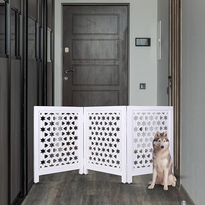 Decorative Wooden Pet Gate, Dog Fence, Cat Gate, Foldable, Adjustable, Portable, Extra-Wide, Wooden Dog Barrier, Free-Standing Puppy Gate 3 Panels for Indoor, Doorways, Stairs-24x54 Inch White Antique