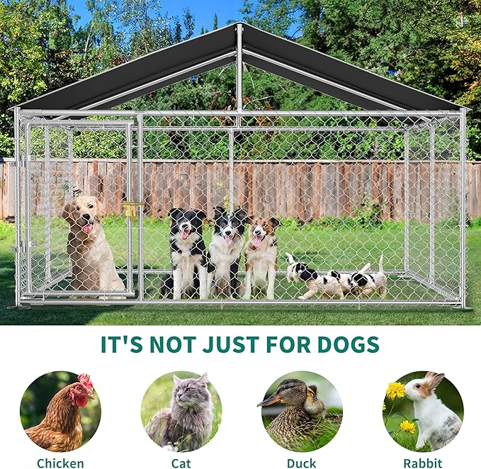 YITAHOME 10'x10' Outdoor Dog Kennel with Metal Dog Gate, Outdoor Dog Pens with Roof, Heavy Duty Dog Kennel for Backyard Farm Use