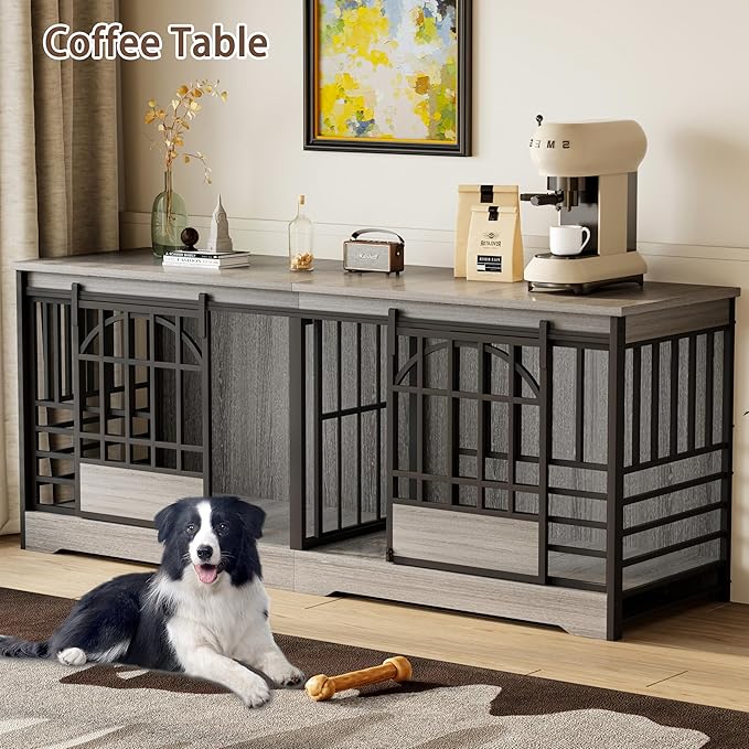 COZPAW 78 Inch Double Dog Crate Furniture, Extra Large Dog Kennel Indoor for 2 Dogs, Heavy Duty Dog Cage with Divider, Wooden Dog House Decorative Table TV Stand for XLarge Dogs (Grey)