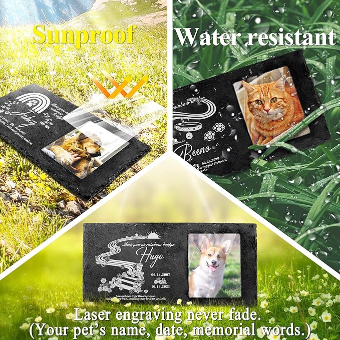 Fanery Sue Custom Cat Memorial Stones with Full Color Image, Dog Memorial Gift Garden Stones, Pet Grave Markers Personalized, All-Natural Memorial Headstone for Pet