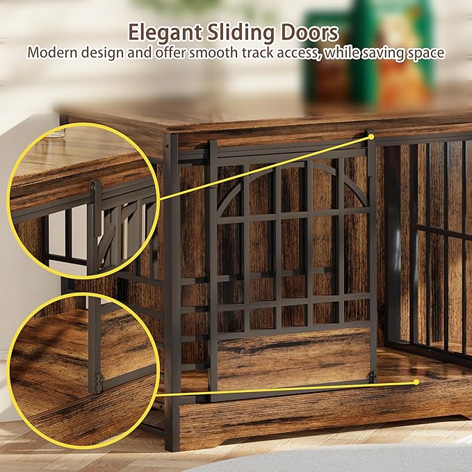 COZPAW 78 Inch Double Dog Crate Furniture, Extra Large Dog Kennel Indoor for 2 Dogs, Heavy Duty Dog Cage with Divider, Wooden Dog House Decorative Table TV Stand for XLarge Dogs (Cognac Brown)