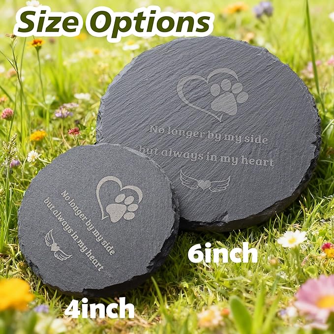 Pet Loss Sympathy Gift – 6 Inch Round Pet Memorial Stone with Paw Print, “No Longer By My Side But Always in My Heart” Engraved Grave Marker, Indoor or Garden Remembrance Decor