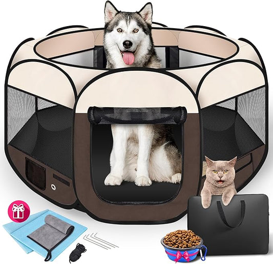 Dog Playpen 45", HOMAGICO Pet Playpen for Indoor Cats Enclosed, Portable Dog Cage Outdoor Tent Crate with Carrying Case, Water-Resistant and Removable Shade Cover,Brown