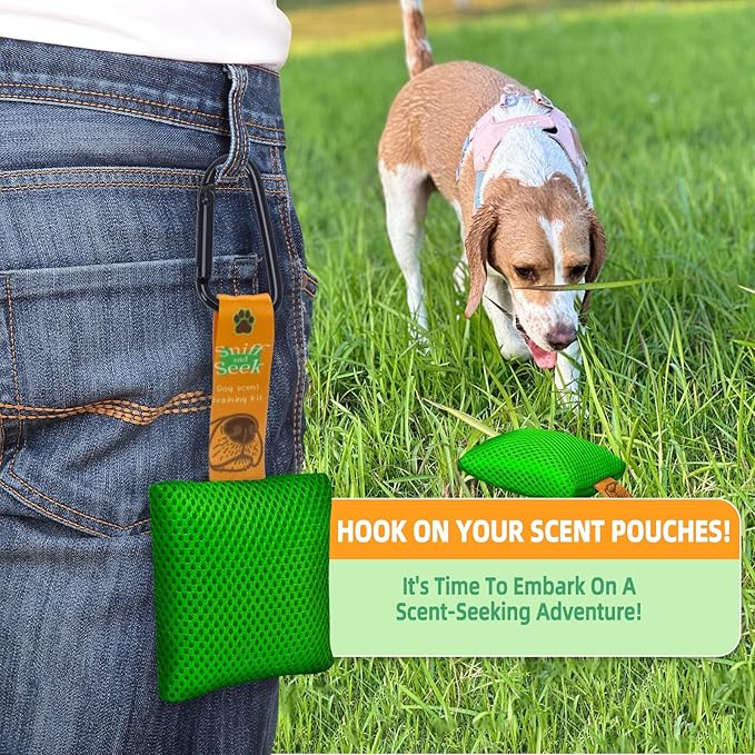 Dog Scent Training Kit – Fun Nosework Brain Games for Dogs – Encourage Calmness, Build Bond, All Ages & Breeds – 6 Scent Pouches with Fennel & Rosemary, Snap Hooks & Step-by-Step Training Guide