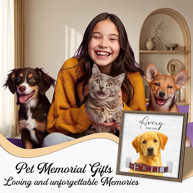 Dog Collar Memorial Frame with Custom Pet Portrait – Minimalist Pet Loss Picture Frame with Name and Date – Personalized Dog Memorial Gift with Collar Holder