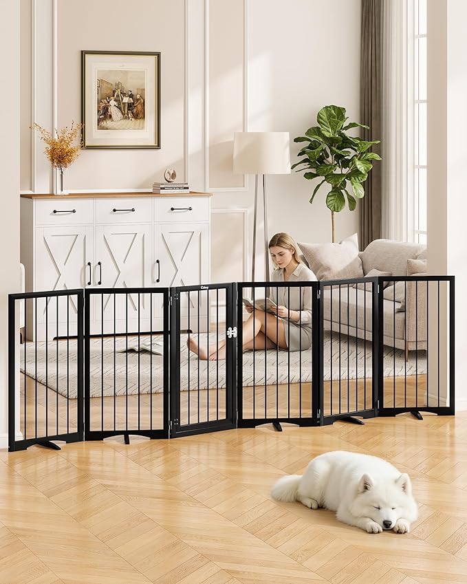 32” Extra Tall Freestanding Dog Gate, Foldable Gates for Dogs Indoor with Door, 6-Panel Dog Fence with Support Feet for Stability, Folding Dog Gates for Doorways Extra Wide No Drilling 106"x32"