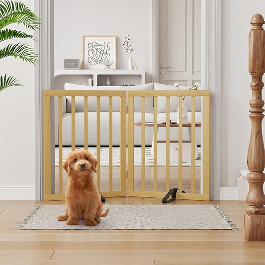 Semiocthome Dog Gate Indoor 2-Panel Freestanding Puppy Fence for House with 2 Metal Stands 24" H Folding Wood Pet Safety Fence for Stairs Doorway, Fully Assembled - Natural