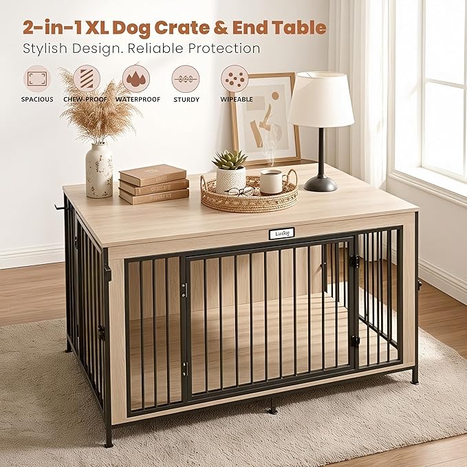 48" XL Dog Crate Furniture for Large Dogs, Farmhouse Light Oak Wood Dog Kennel, Heavy Duty Anti-Chew Steel Frame, Escape Proof Pet Crate, 3 Door Indoor Dog House, TV Stand Entertainment Center 350LB