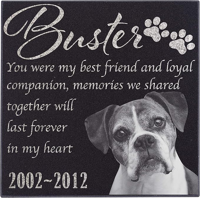 Personalized Granite Pet Memorial Stone w 'Your Pet Photo' Customized Tombstone - Loss of Pet Gift- Indoor Outdoor Dog or Cat for Garden Backyard 6" x 6" #13