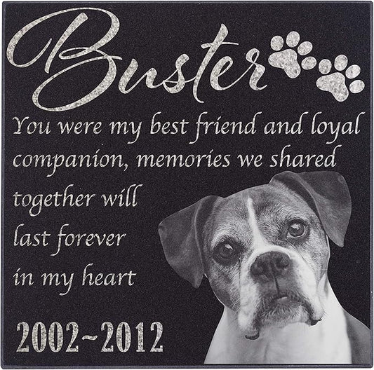 Personalized Granite Pet Memorial Stone w 'Your Pet Photo' Customized Tombstone - Loss of Pet Gift- Indoor Outdoor Dog or Cat for Garden Backyard 6" x 6" #13