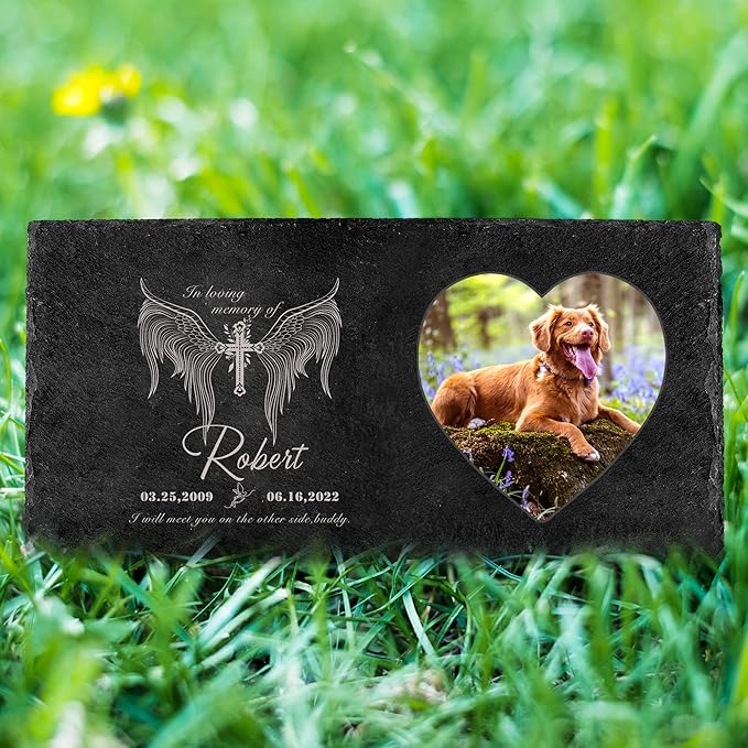 Fanery Sue Custom Cat Memorial Stones with Full Color Image, Dog Memorial Gift Garden Stones, Pet Grave Markers Personalized, All-Natural Memorial Headstone for Pet
