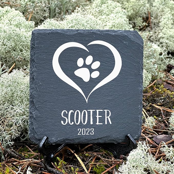 Personalized Individual Square Memorial Plaque + Stand for Pet Cat Dog Slate Stone Frame Paw Grave Marker - Size 3.94" x 3.94" or 100 x 100 mm - Heart