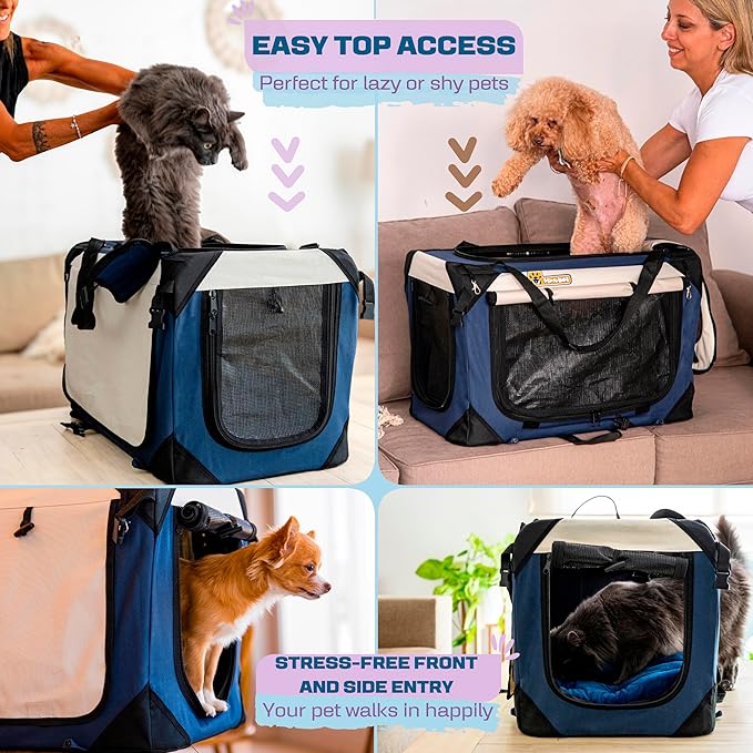 Cat & Dog Pet Carrier, Soft-Sided, Small 20"x13"x13", Supports Up to 45 lbs, Privacy Windows, Removable Plush Bed, Locking Zippers, Foldable Travel Crate